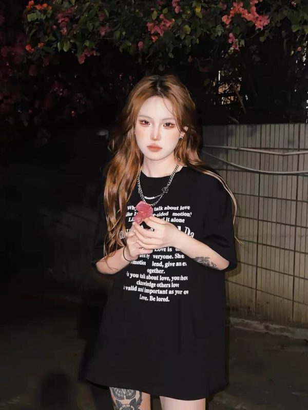 Plus Size Casual Black Cotton Short Sleeve T-Shirt for Women - Spicy Girl American Style Mid-Length Top, Lazy Hong Kong Vibe