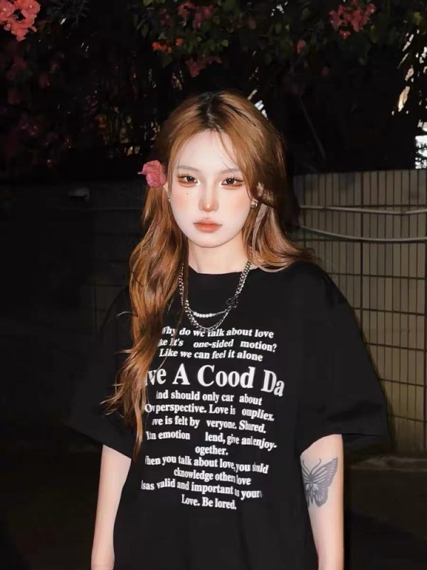 Plus Size Casual Black Cotton Short Sleeve T-Shirt for Women - Spicy Girl American Style Mid-Length Top, Lazy Hong Kong Vibe
