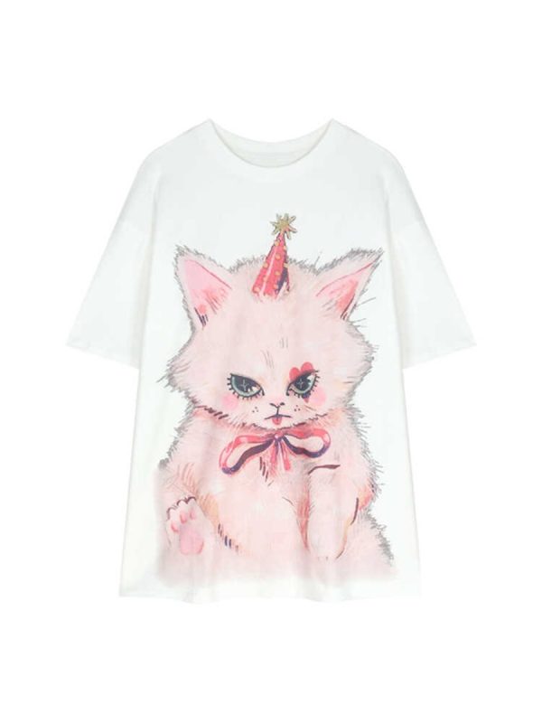 Plus Size Cat Print Mid-Length T-Shirt for Women - Round Neck, Short Sleeve, Loose Casual, Korean Style Cotton Top