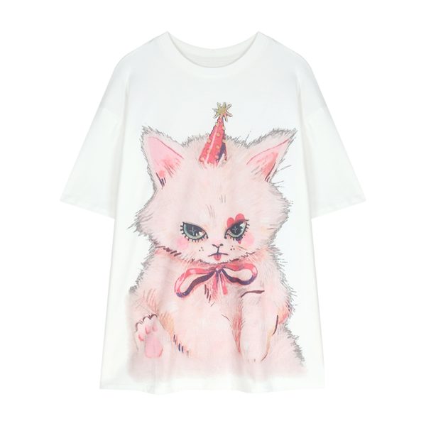 Plus Size Cat Print Mid-Length T-Shirt for Women - Round Neck, Short Sleeve, Loose Casual, Korean Style Cotton Top