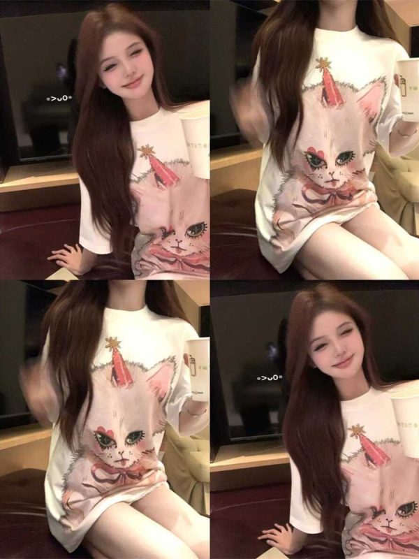 Plus Size Cat Print Mid-Length T-Shirt for Women - Round Neck, Short Sleeve, Loose Casual, Korean Style Cotton Top