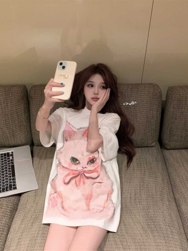 Plus Size Cat Print Mid-Length T-Shirt for Women - Round Neck, Short Sleeve, Loose Casual, Korean Style Cotton Top