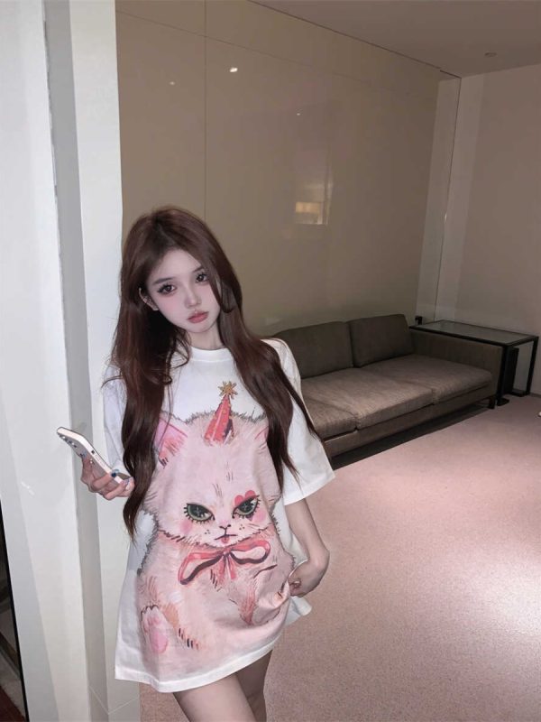 Plus Size Cat Print Mid-Length T-Shirt for Women - Round Neck, Short Sleeve, Loose Casual, Korean Style Cotton Top