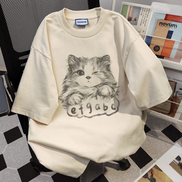 Plus Size Cat Print Short Sleeve T-Shirt for Women - Loose Fit Trendy American Style - Pure Cotton Niche Design