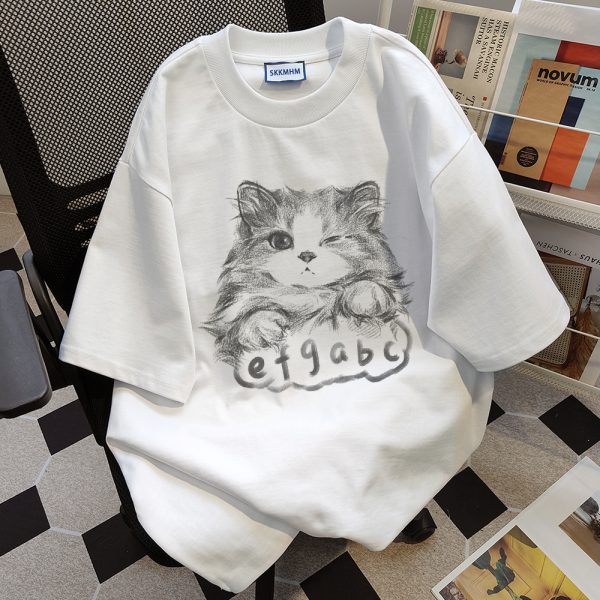 Plus Size Cat Print Short Sleeve T-Shirt for Women - Loose Fit Trendy American Style - Pure Cotton Niche Design