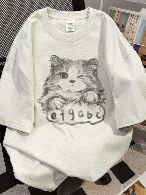 Plus Size Cat Print Short Sleeve T-Shirt for Women - Loose Fit Trendy American Style - Pure Cotton Niche Design