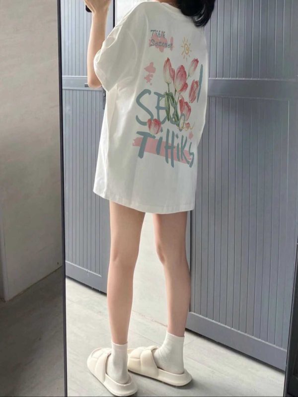 Plus Size Cotton Short Sleeve T-Shirt for Women, Unisex Retro Loose Fit Top, Hong Kong Style Chic, Casual Couple Outfit