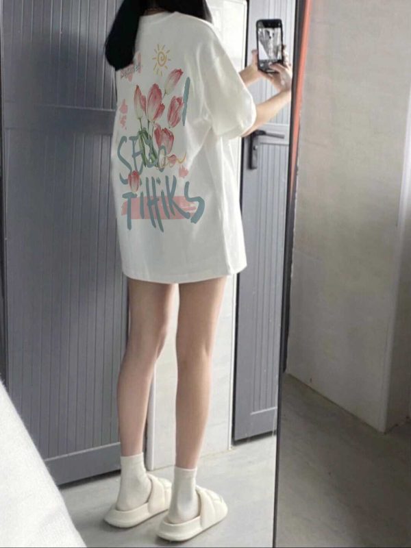 Plus Size Cotton Short Sleeve T-Shirt for Women, Unisex Retro Loose Fit Top, Hong Kong Style Chic, Casual Couple Outfit