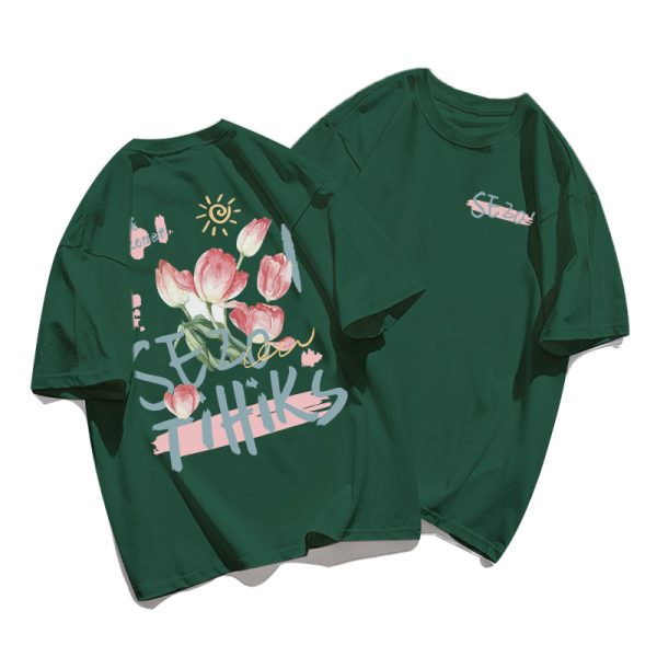 Plus Size Cotton Short Sleeve T-Shirt for Women, Unisex Retro Loose Fit Top, Hong Kong Style Chic, Casual Couple Outfit