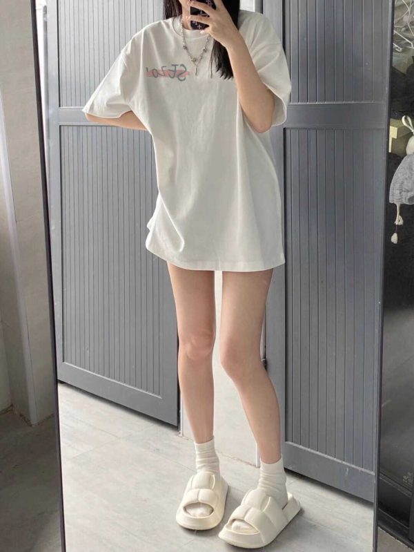 Plus Size Cotton Short Sleeve T-Shirt for Women, Unisex Retro Loose Fit Top, Hong Kong Style Chic, Casual Couple Outfit
