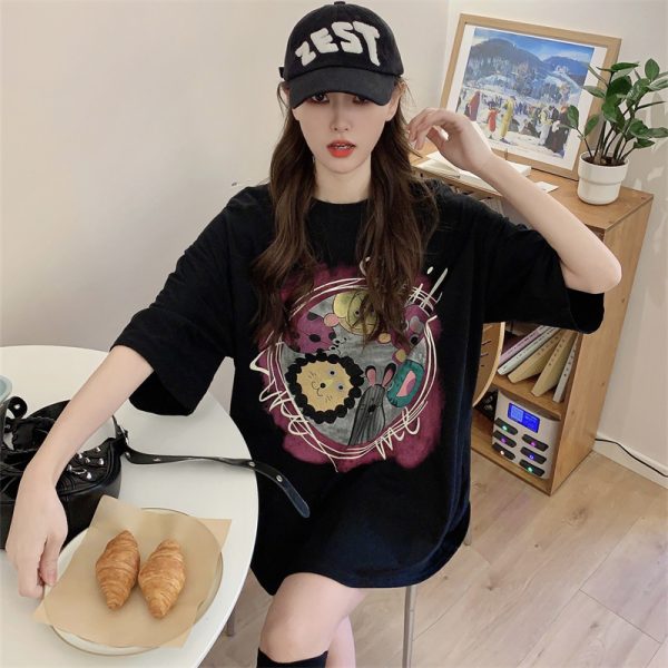 Plus Size European Style Oversized Cotton Short Sleeve T-Shirt for Women - Casual Loose Fit Mid-Length Top