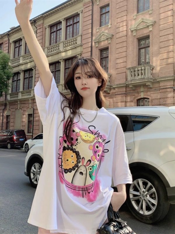 Plus Size European Style Oversized Cotton Short Sleeve T-Shirt for Women - Casual Loose Fit Mid-Length Top