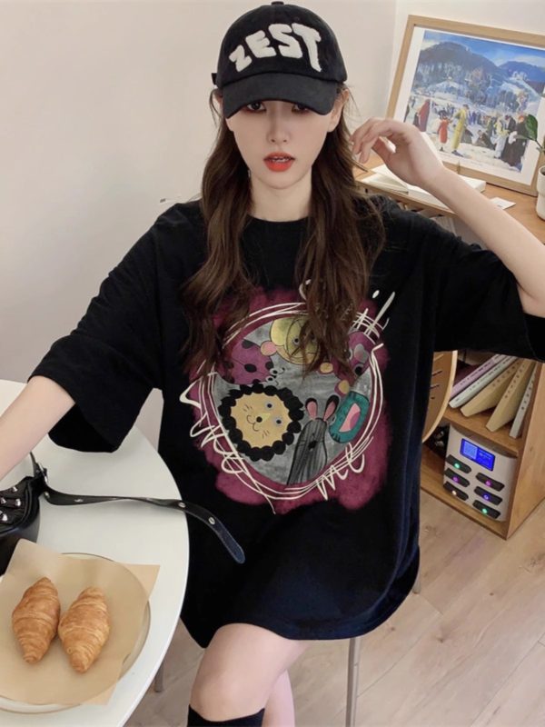 Plus Size European Style Oversized Cotton Short Sleeve T-Shirt for Women - Casual Loose Fit Mid-Length Top