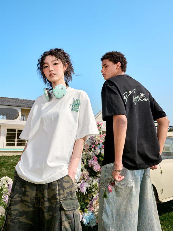 Plus Size Hip Hop Heavy Embroidery Short Sleeve T-Shirt - Letter Floral Trendy Unisex Loose Fit for Summer 2025