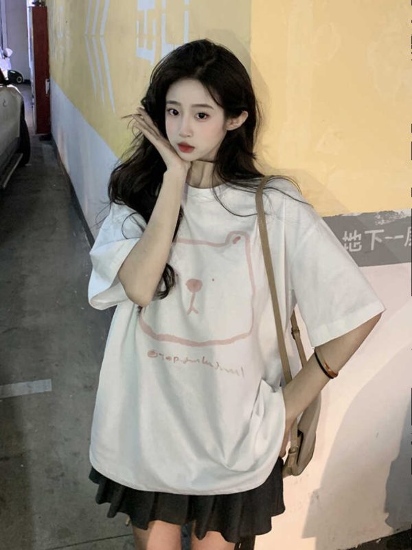 Plus Size Hong Kong Style Bear Print Short Sleeve T-Shirt for Women, Loose Fit Pure Cotton Mid-Length Couple Top