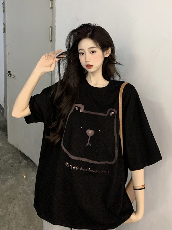 Plus Size Hong Kong Style Bear Print Short Sleeve T-Shirt for Women, Loose Fit Pure Cotton Mid-Length Couple Top