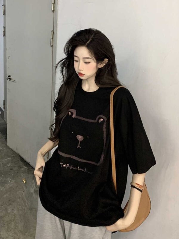 Plus Size Hong Kong Style Bear Print Short Sleeve T-Shirt for Women, Loose Fit Pure Cotton Mid-Length Couple Top