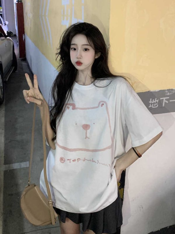 Plus Size Hong Kong Style Bear Print Short Sleeve T-Shirt for Women, Loose Fit Pure Cotton Mid-Length Couple Top