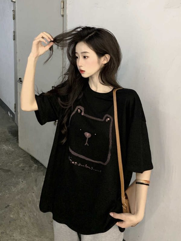 Plus Size Hong Kong Style Bear Print Short Sleeve T-Shirt for Women, Loose Fit Pure Cotton Mid-Length Couple Top