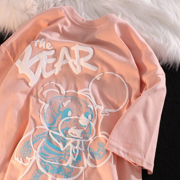 Plus Size Japanese-Style Retro Cartoon Bear Short Sleeve T-Shirt, Loose Fit for Couples, Pure Cotton, Casual Y2K Fashion