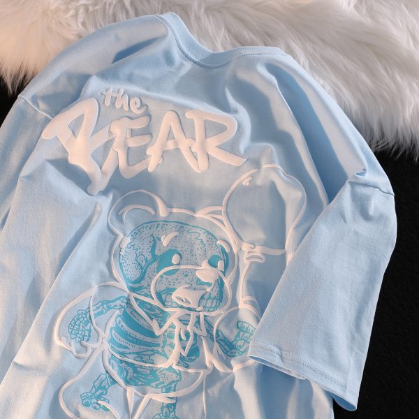 Plus Size Japanese-Style Retro Cartoon Bear Short Sleeve T-Shirt, Loose Fit for Couples, Pure Cotton, Casual Y2K Fashion