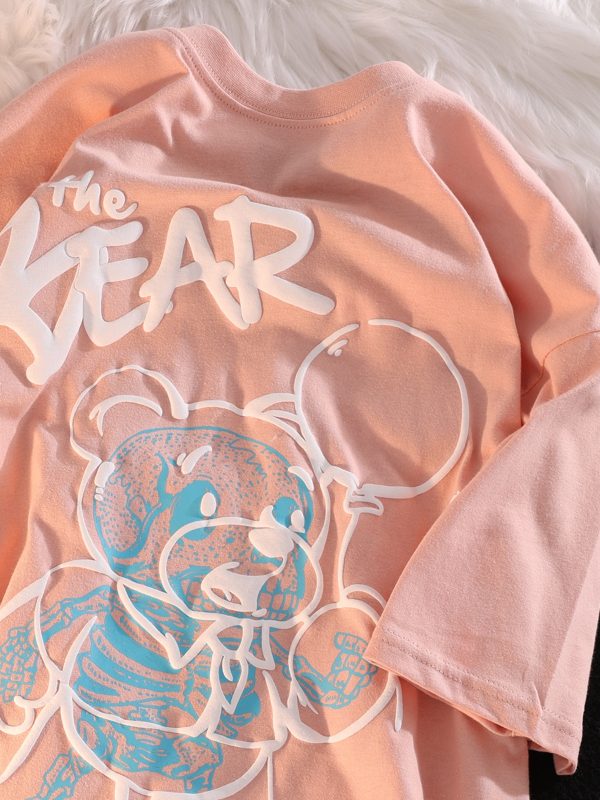 Plus Size Japanese-Style Retro Cartoon Bear Short Sleeve T-Shirt, Loose Fit for Couples, Pure Cotton, Casual Y2K Fashion