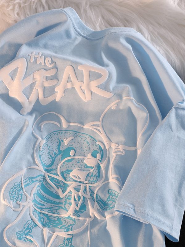 Plus Size Japanese-Style Retro Cartoon Bear Short Sleeve T-Shirt, Loose Fit for Couples, Pure Cotton, Casual Y2K Fashion