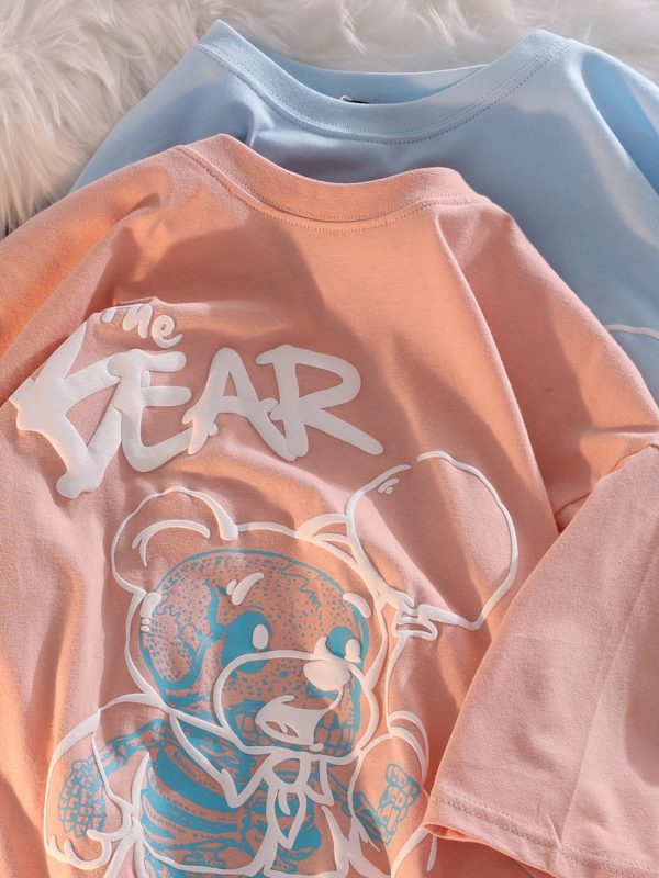 Plus Size Japanese-Style Retro Cartoon Bear Short Sleeve T-Shirt, Loose Fit for Couples, Pure Cotton, Casual Y2K Fashion
