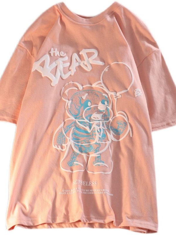 Plus Size Japanese-Style Retro Cartoon Bear Short Sleeve T-Shirt, Loose Fit for Couples, Pure Cotton, Casual Y2K Fashion