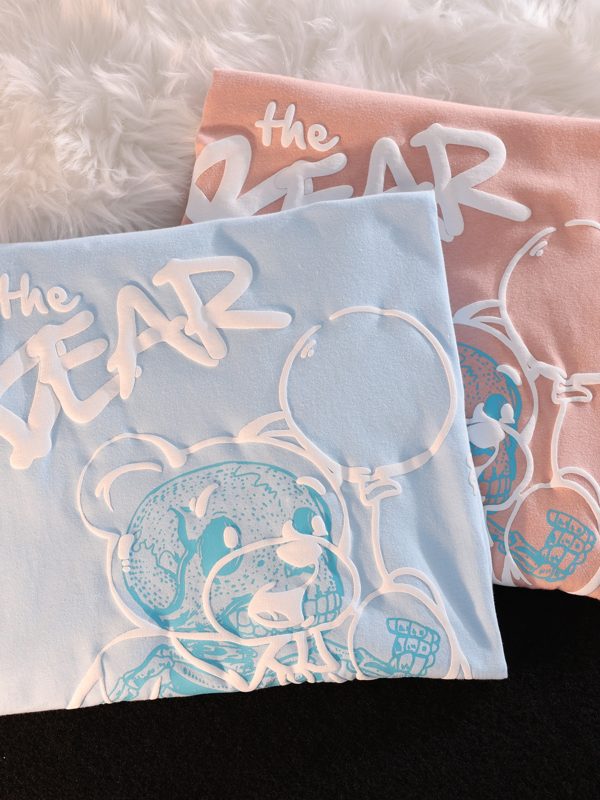 Plus Size Japanese-Style Retro Cartoon Bear Short Sleeve T-Shirt, Loose Fit for Couples, Pure Cotton, Casual Y2K Fashion