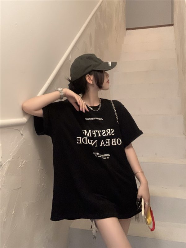 Plus Size Letter Print Cotton Short Sleeve T-Shirt for Women, Summer Round Neck Loose Casual Top, Trendy Y2K Style