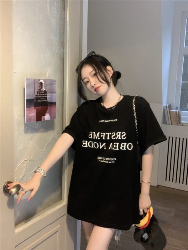 Plus Size Letter Print Cotton Short Sleeve T-Shirt for Women, Summer Round Neck Loose Casual Top, Trendy Y2K Style