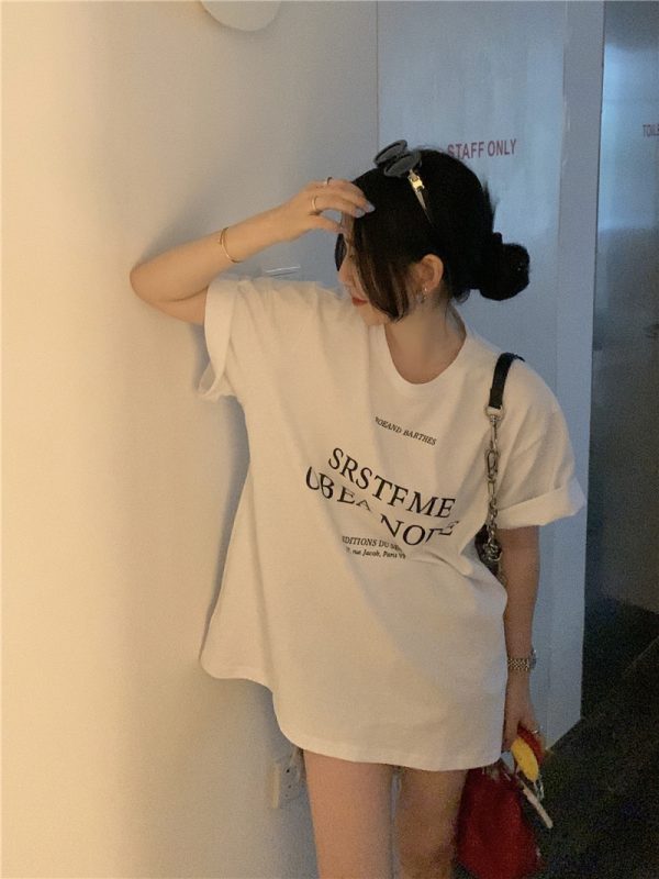Plus Size Letter Print Cotton Short Sleeve T-Shirt for Women, Summer Round Neck Loose Casual Top, Trendy Y2K Style