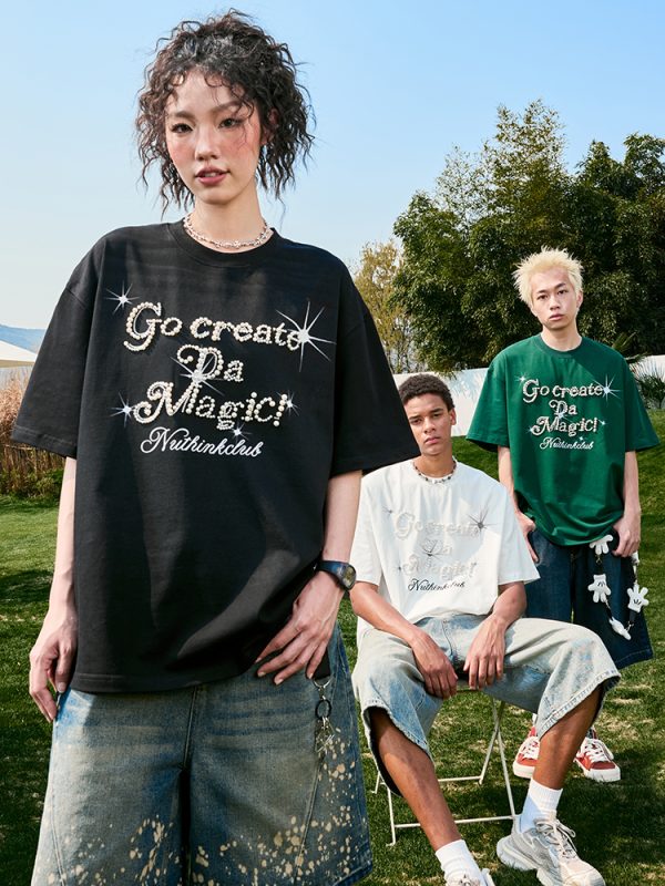 Plus Size Loose Pearl Letter Short Sleeve T-Shirt - American Vintage Unisex Summer Style 2025, Trendy Casual Wear for Y2K Fashion