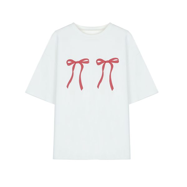 Plus Size Loose White Short-Sleeve T-Shirt for Women with Butterfly Knot Print, Harajuku Style, Casual Cotton Top for Students