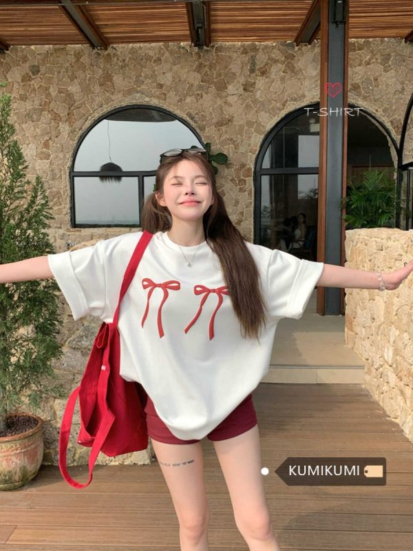 Plus Size Loose White Short-Sleeve T-Shirt for Women with Butterfly Knot Print, Harajuku Style, Casual Cotton Top for Students