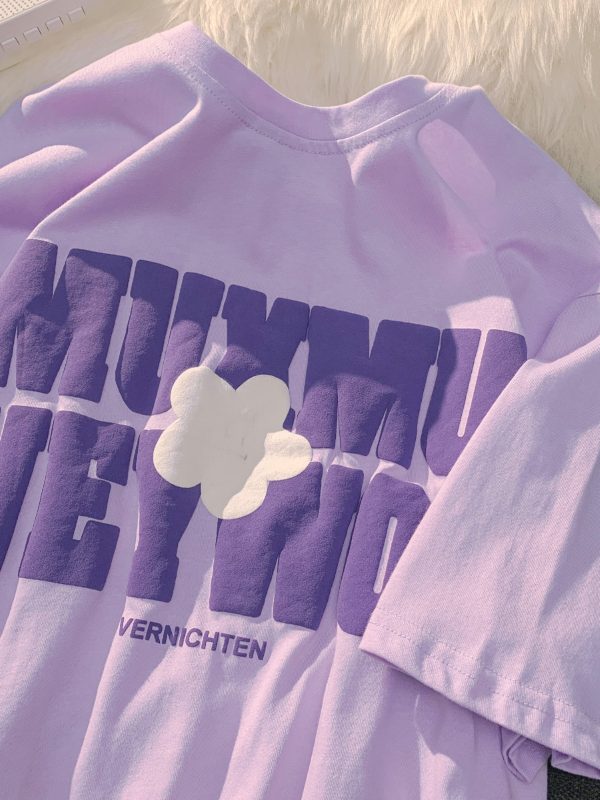 Plus Size Oversized Cotton T-Shirt for Women with Floral and Letter Print, Round Neck, Loose Short Sleeves, Casual Couple Style