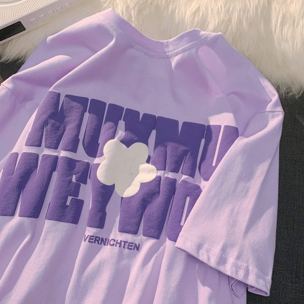 Plus Size Oversized Cotton T-Shirt for Women with Floral and Letter Print, Round Neck, Loose Short Sleeves, Casual Couple Style