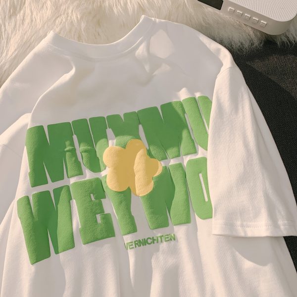 Plus Size Oversized Cotton T-Shirt for Women with Floral and Letter Print, Round Neck, Loose Short Sleeves, Casual Couple Style