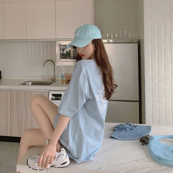 Plus-Size Oversized Milk Blue Cotton T-Shirt for Women - Summer Loose Short Sleeve Top