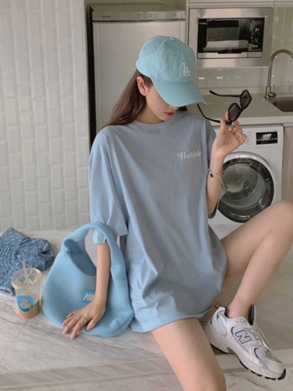 Plus-Size Oversized Milk Blue Cotton T-Shirt for Women - Summer Loose Short Sleeve Top