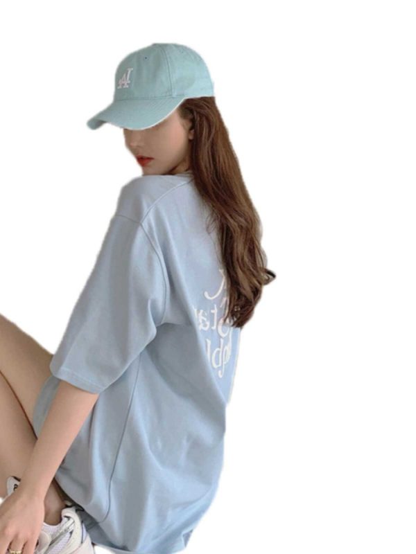 Plus-Size Oversized Milk Blue Cotton T-Shirt for Women - Summer Loose Short Sleeve Top
