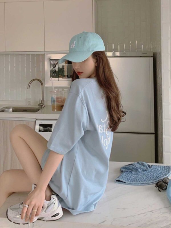 Plus-Size Oversized Milk Blue Cotton T-Shirt for Women - Summer Loose Short Sleeve Top