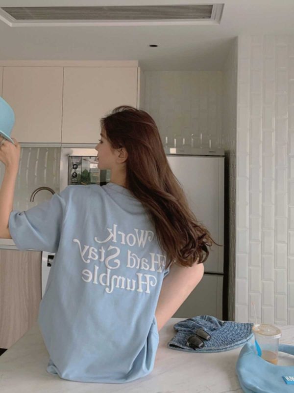 Plus-Size Oversized Milk Blue Cotton T-Shirt for Women - Summer Loose Short Sleeve Top