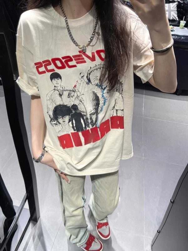 Plus Size Retro American Cotton Short Sleeve T-Shirt for Men and Women, Trendy Loose Fit Summer Couples Top