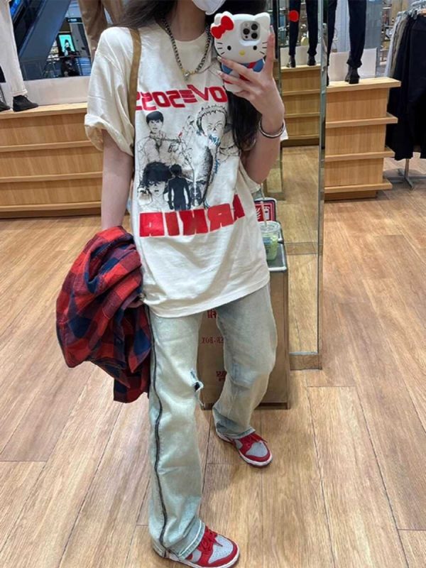 Plus Size Retro American Cotton Short Sleeve T-Shirt for Men and Women, Trendy Loose Fit Summer Couples Top