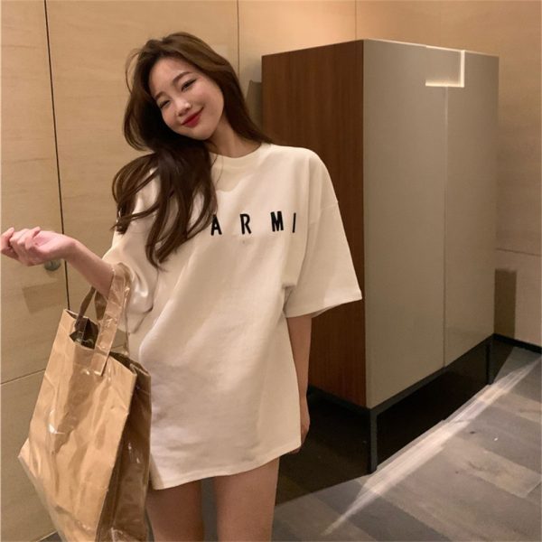 Plus Size Trendy White Cotton Short Sleeve T-Shirt for Women, Korean Style Loose Fit Mid-Length Top for Students
