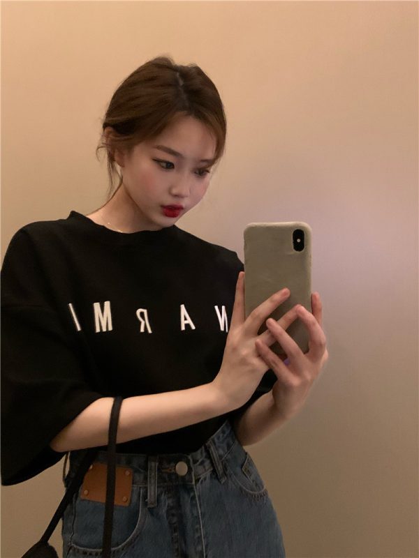 Plus Size Trendy White Cotton Short Sleeve T-Shirt for Women, Korean Style Loose Fit Mid-Length Top for Students