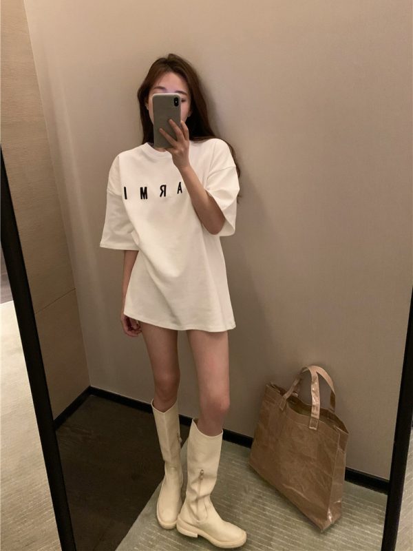 Plus Size Trendy White Cotton Short Sleeve T-Shirt for Women, Korean Style Loose Fit Mid-Length Top for Students