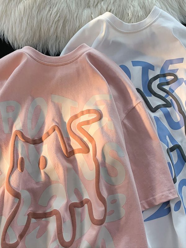 Plus-Size Unisex Cotton Short-Sleeve T-Shirt with Letter Print - Trendy Loose-Fitting Couple's Top for Casual Y2K Style